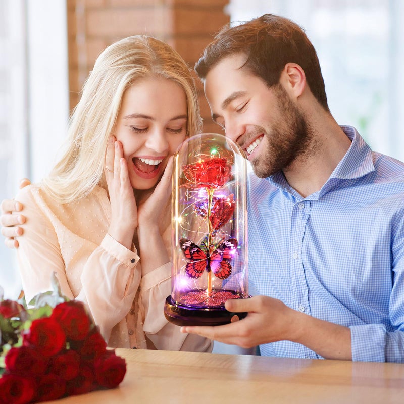 Pusuny Valentines Day Rose Gifts for Her Birthday Gift for Women, Rechargeable Galaxy Glass Rose in Glass Dome Eternal Crystal Flower Butterfly Gift Valentine Gifts for Women Daughter Mom Wife Girlfriend Red - Image 3