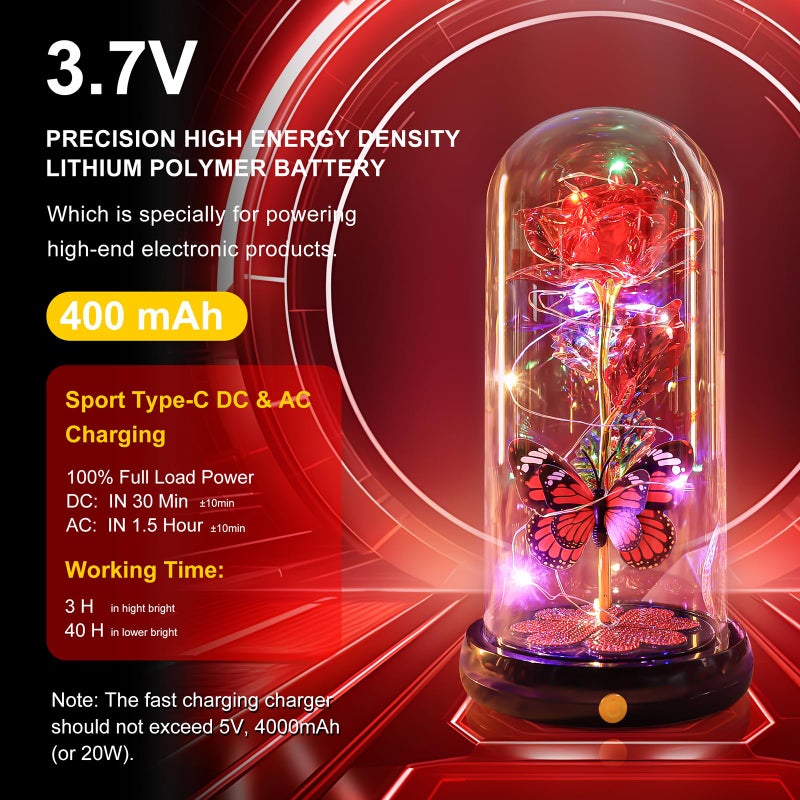 Pusuny Valentines Day Rose Gifts for Her Birthday Gift for Women, Rechargeable Galaxy Glass Rose in Glass Dome Eternal Crystal Flower Butterfly Gift Valentine Gifts for Women Daughter Mom Wife Girlfriend Red - Image 2