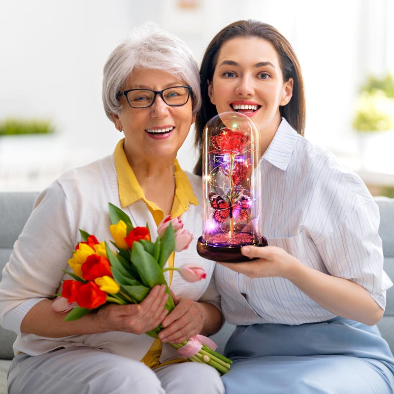 Pusuny Valentines Day Rose Gifts for Her Birthday Gift for Women, Rechargeable Galaxy Glass Rose in Glass Dome Eternal Crystal Flower Butterfly Gift Valentine Gifts for Women Daughter Mom Wife Girlfriend Red - Image 4
