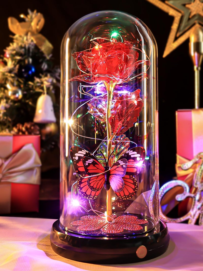 Pusuny Valentines Day Rose Gifts for Her Birthday Gift for Women, Rechargeable Galaxy Glass Rose in Glass Dome Eternal Crystal Flower Butterfly Gift Valentine Gifts for Women Daughter Mom Wife Girlfriend Red - Image 1