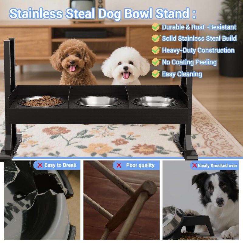 Gsskny Triple Elevated Dog Bowls Stand for Multiple Dogs,8 Height Adjustable Tilted Raised Dog Bowl Stand with 3 Stainless Steel 1.3L(44oz) Bowls, 21.9" Tall Pet Feeding Station for Large Breed Dogs - Image 5