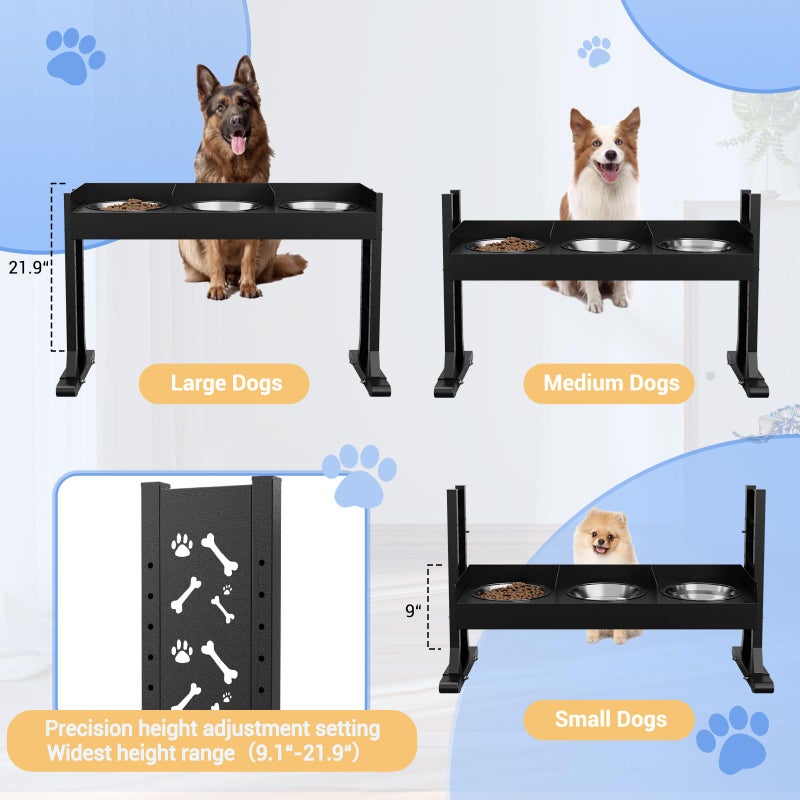 Gsskny Triple Elevated Dog Bowls Stand for Multiple Dogs,8 Height Adjustable Tilted Raised Dog Bowl Stand with 3 Stainless Steel 1.3L(44oz) Bowls, 21.9" Tall Pet Feeding Station for Large Breed Dogs - Image 3