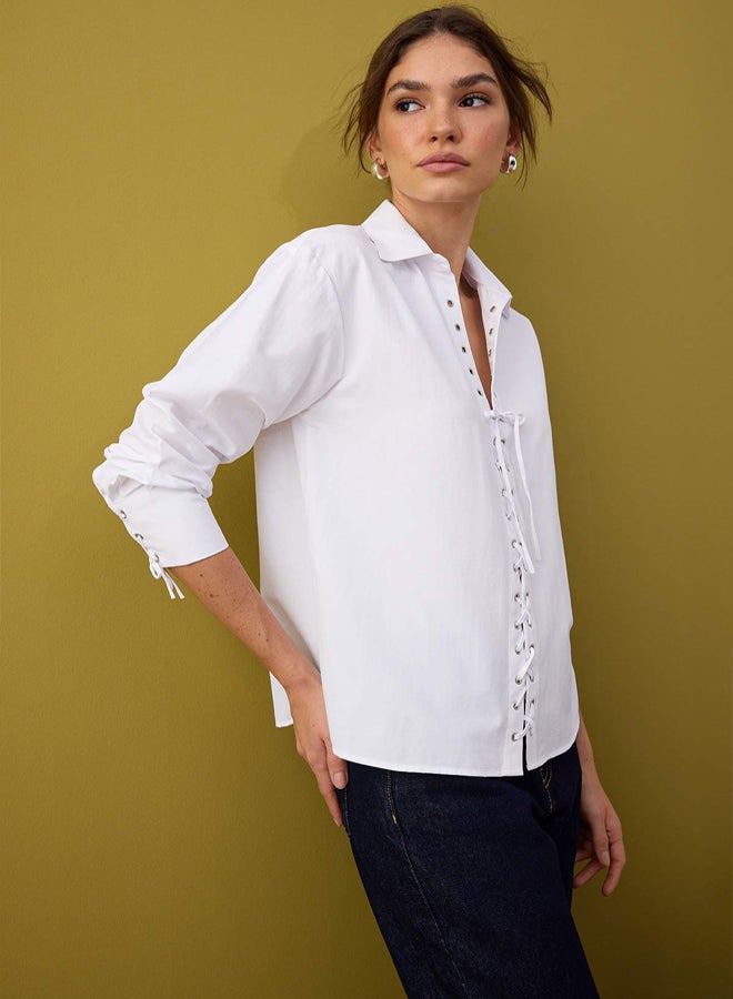 trendyol White Oversize Shirt with Lace Detail on the Front - Image 2