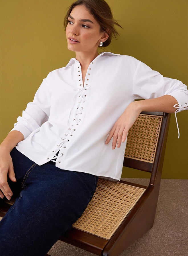 trendyol White Oversize Shirt with Lace Detail on the Front - Image 1