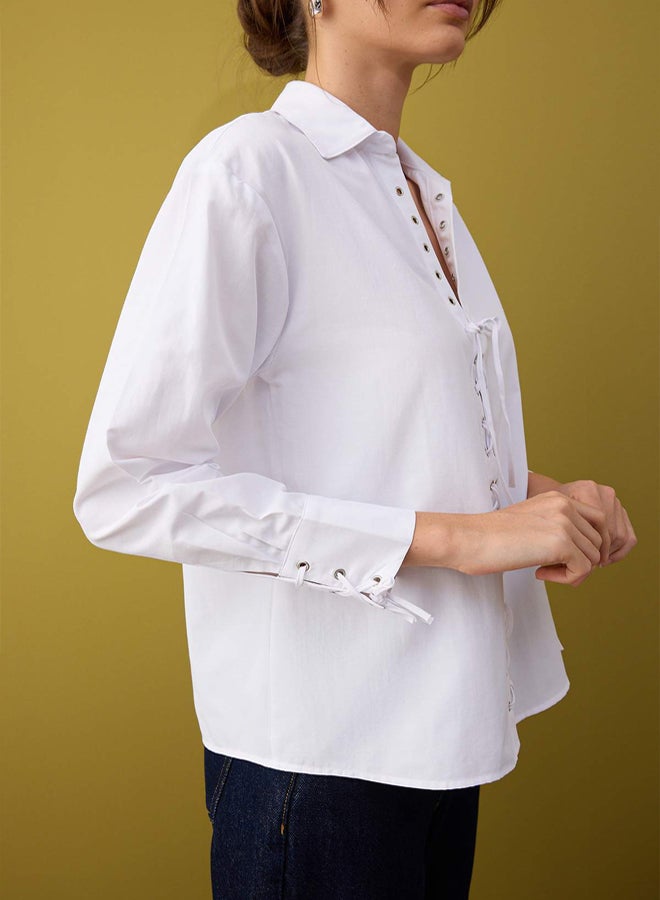 trendyol White Oversize Shirt with Lace Detail on the Front - Image 3