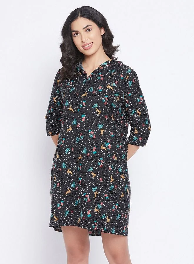 كلوفيا Clovia Christmas Print Short Hooded Dress in Black - Rayon