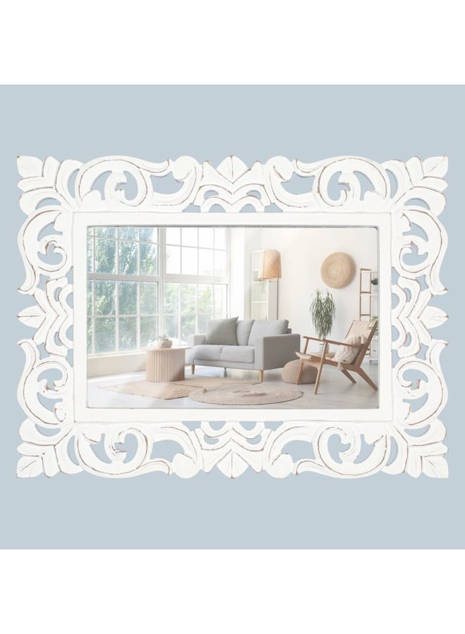 Light & Pro Decorative Hand Carved Rectangle Wall Mirror with Wood Frame, Farmhouse Rustic Vintage Country Mirror for Bathroom, Bedroom, Living Room, Restroom Decoration - 18x24 Inch - White Antique - Image 1
