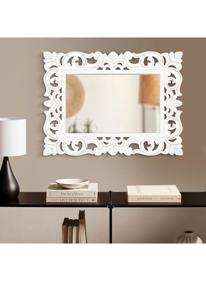 Light & Pro Decorative Hand Carved Rectangle Wall Mirror with Wood Frame, Farmhouse Rustic Vintage Country Mirror for Bathroom, Bedroom, Living Room, Restroom Decoration - 18x24 Inch - White Antique - Image 2