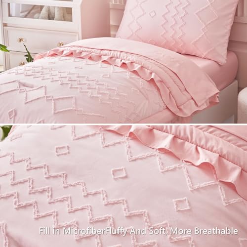AIKASY Toddler Bedding Set 4 Pieces Super Soft Comforter Set, Shabby Boho Bohemian Design for Boys and Girls（Ruffle Fringe Comforter, Flat Sheet, Fitted Sheet and Pillowcase）- Coral Pink - Image 4