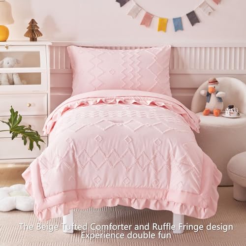 AIKASY Toddler Bedding Set 4 Pieces Super Soft Comforter Set, Shabby Boho Bohemian Design for Boys and Girls（Ruffle Fringe Comforter, Flat Sheet, Fitted Sheet and Pillowcase）- Coral Pink - Image 2