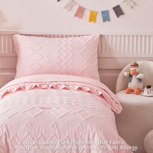 AIKASY Toddler Bedding Set 4 Pieces Super Soft Comforter Set, Shabby Boho Bohemian Design for Boys and Girls（Ruffle Fringe Comforter, Flat Sheet, Fitted Sheet and Pillowcase）- Coral Pink - Image 3