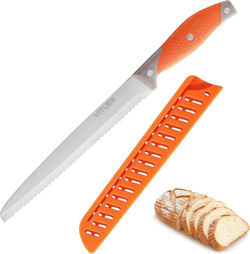 VITUER Bread Knife with Cover, 8 inch Serrated Bread Knife for homemade bread, Bread Cutter Ideal for Slicing Homemade Bread, Bagels, Cake (8-Inch Blade with 5-Inch Handle) - Image 1