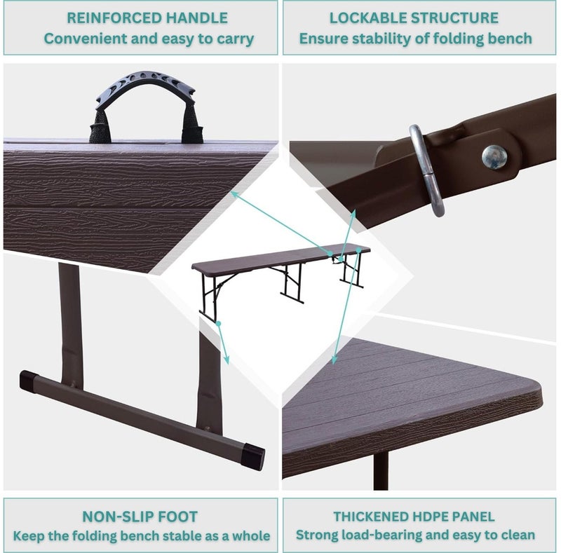 SunBoat Commerce HDPE Wood-Grain Folding Bench - 183cm Portable Seating (400kg Capacity) - Image 5