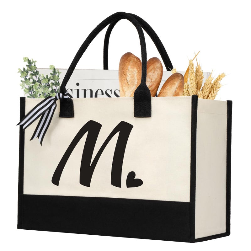 shenee Initial Canvas Tote Bag, Personalized Beach Jute Bag Present for Women Holiday, Friends Birthday Gift, Beach, Wedding (Letter M) - Image 1