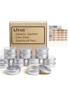 LIYAR 2 oz Tins 48 Pack Aluminum Tin Cans with Lids Salve Tins Round Candle Travel Tins Empty Tin Containers with Lids and Labels for Spices,Salves, Lotion Bars, Beard Balms and Candles(Silver)