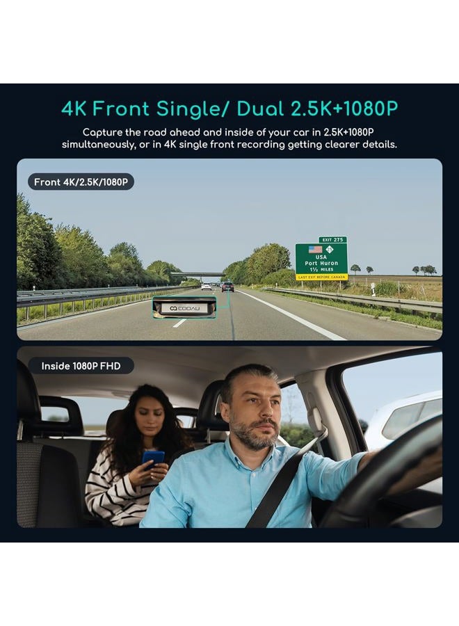 COOAU كاميرا داش D30S 4K مع GPS وواي فاي، كاميرا مزدوجة أمامية وداخلية بدقة 2.5K 1080P، كاميرا سيارة أوبر مع رؤية ليلية بالأشعة تحت الحمراء، مكثف فائق، 4 مصابيح LED بالأشعة تحت الحمراء، مستشعر G، وضع الانتظار، تسجيل متكرر - Image 2