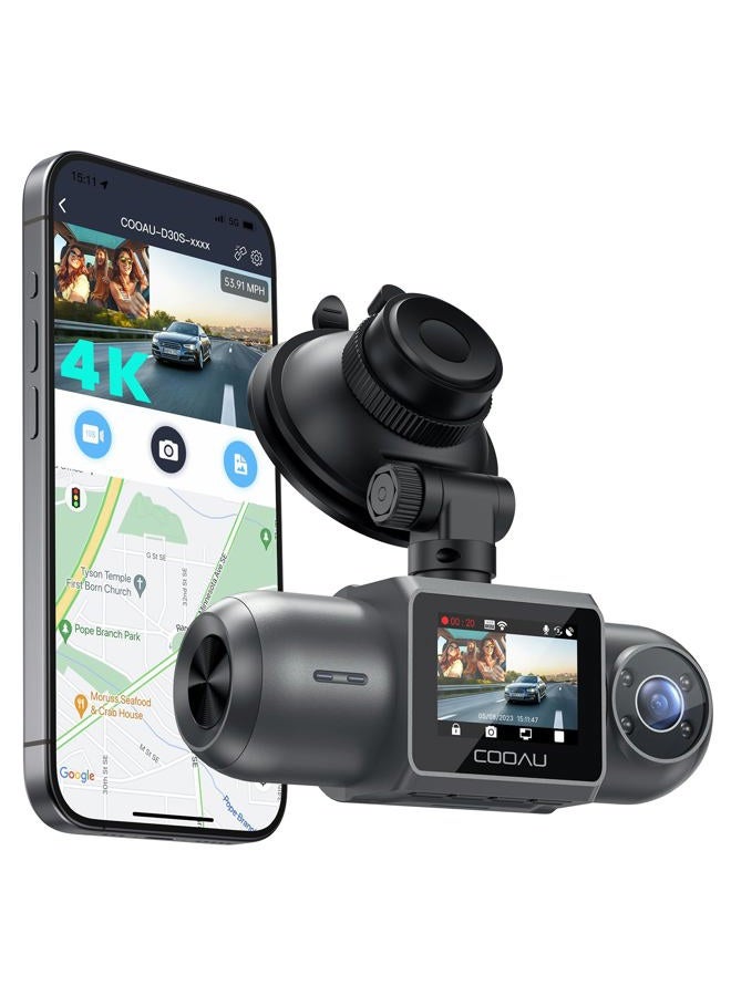 COOAU كاميرا داش D30S 4K مع GPS وواي فاي، كاميرا مزدوجة أمامية وداخلية بدقة 2.5K 1080P، كاميرا سيارة أوبر مع رؤية ليلية بالأشعة تحت الحمراء، مكثف فائق، 4 مصابيح LED بالأشعة تحت الحمراء، مستشعر G، وضع الانتظار، تسجيل متكرر - Image 1