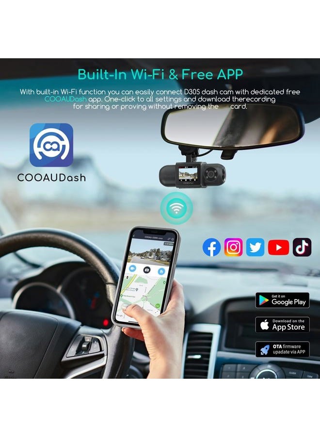 COOAU كاميرا داش D30S 4K مع GPS وواي فاي، كاميرا مزدوجة أمامية وداخلية بدقة 2.5K 1080P، كاميرا سيارة أوبر مع رؤية ليلية بالأشعة تحت الحمراء، مكثف فائق، 4 مصابيح LED بالأشعة تحت الحمراء، مستشعر G، وضع الانتظار، تسجيل متكرر - Image 5