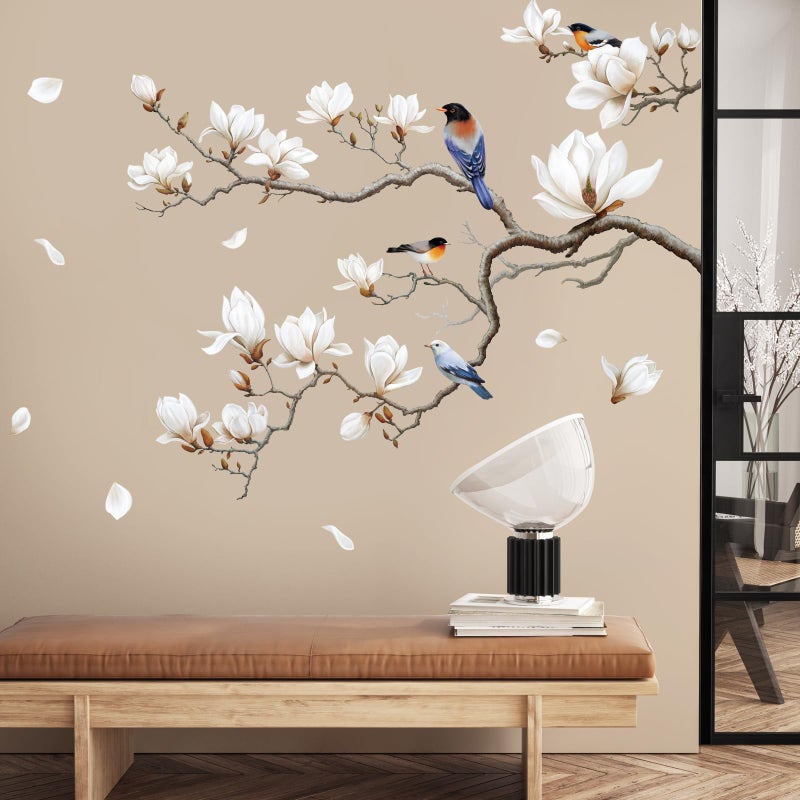 SHUCHING White Magnolia Tree Wall Decals Peel and Stick, Trees Flowers Wall Decor Stickers, White Branches Corner Wall Art(Right) - Image 3