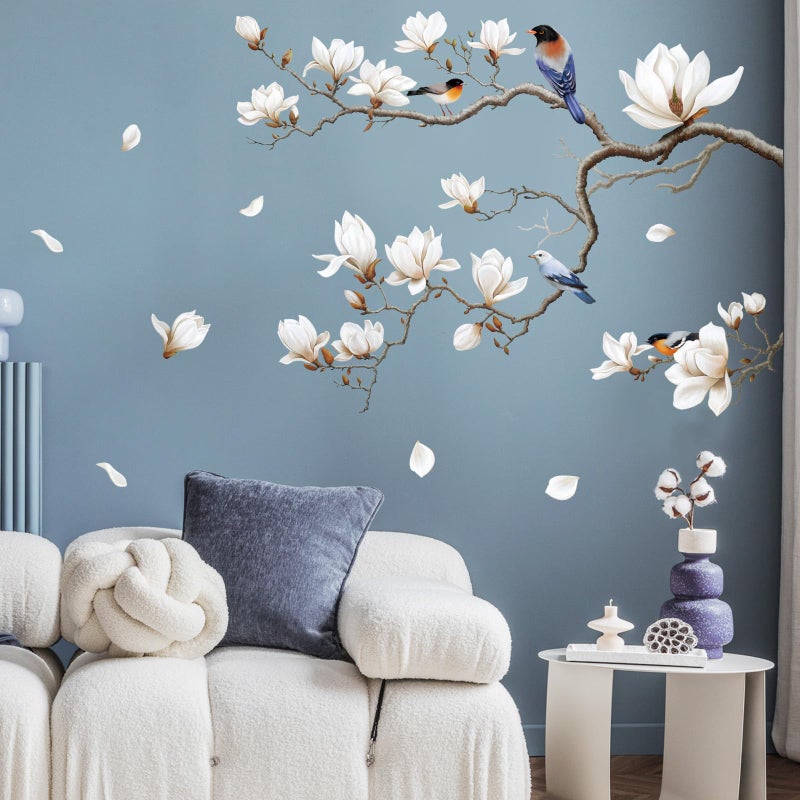SHUCHING White Magnolia Tree Wall Decals Peel and Stick, Trees Flowers Wall Decor Stickers, White Branches Corner Wall Art(Right) - Image 1