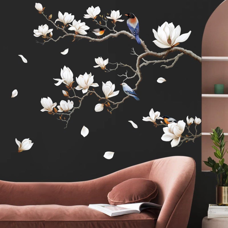SHUCHING White Magnolia Tree Wall Decals Peel and Stick, Trees Flowers Wall Decor Stickers, White Branches Corner Wall Art(Right) - Image 2