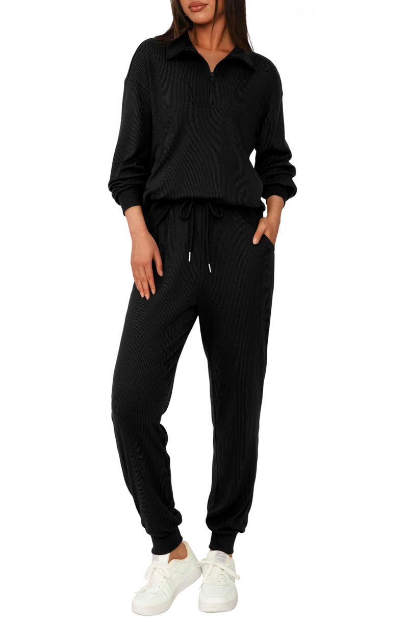 BTFBM Womens 2 Piece Tracksuit Fall Outfits 2025 Long Sleeve Half Zip Sweatshirt Sweatpants Lounge Set SweatsuitsSolid BlackMedium