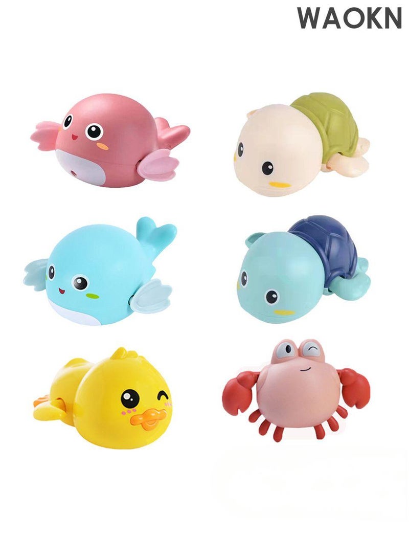دبليو أيه أو كي أن ألعاب استحمام، عبوة من 6 قطع، ألعاب استحمام على شكل سلحفاة سباحة لطيفة للأطفال من عمر سنة إلى 3 سنوات، بطة صفراء واحدة، دولفينان، سلحفاتان، سلطعون واحد، ألعاب عائمة تعمل باللف للأولاد والبنات بعمر سنة واحدة، ألعاب مائية لحوض استحمام حديثي الولادة، ألعاب حمام للأطفال في مرحلة ما قبل المدرسة. - Image 1