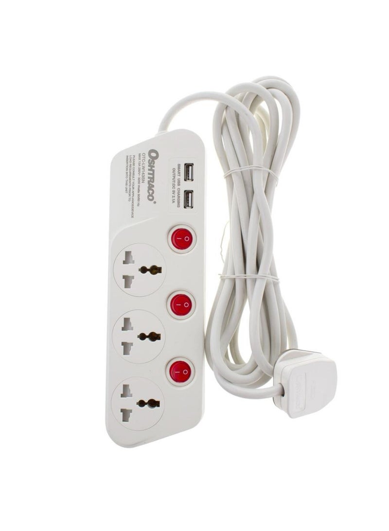 Oshtraco 3-Way Extension Cord W/ Dual USB Ports 4m