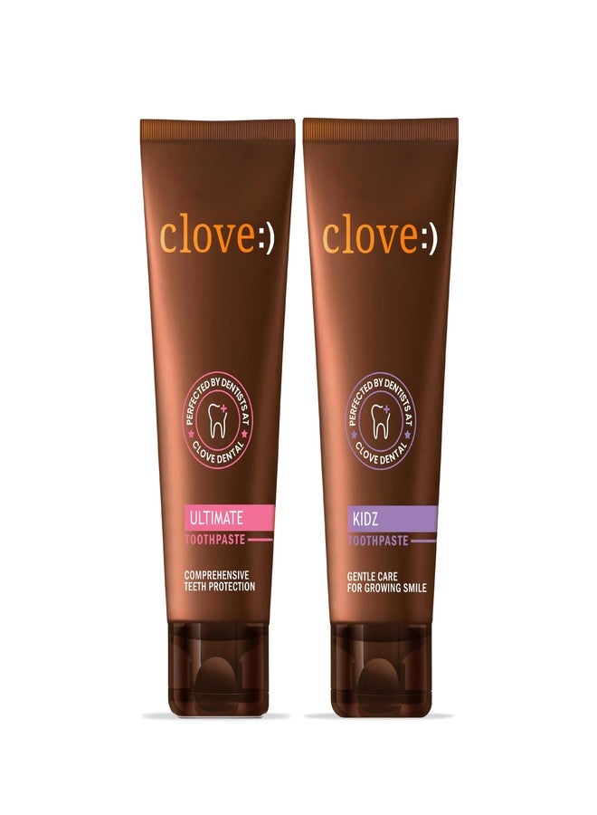 Clove Ultimate & Kidz Family Combo, Multi-Benefit Cavity Protection for Adults + Gentle Protection for Kids (3+ Years), Strawberry Flavour, Paraben-Free & Safe, 100g Each - Image 1