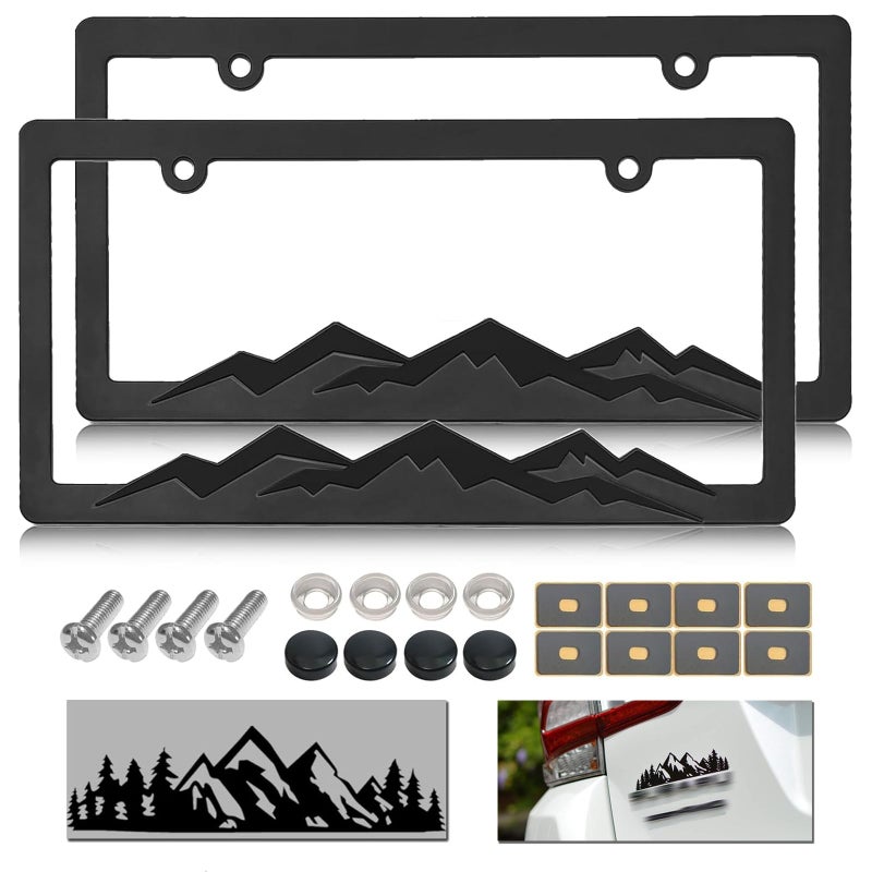 NJNYLLC Mountain License Plate Frames - Plastic Car Tag Holders with Raised Mountain Design, Black on Black, 2 Pack 2 Hole with Screws & Caps, Mountain Vinyl Sticker Included - Image 1