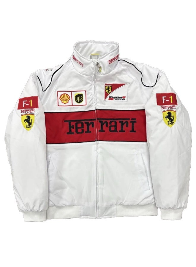 Ferrari F1 Racing Jacket - Shell/UPS Sponsor Badges, Black/Red Color Block, Embroidered Logo, Full-Zip Design, Unisex Motorsport Streetwear Coat - Image 1
