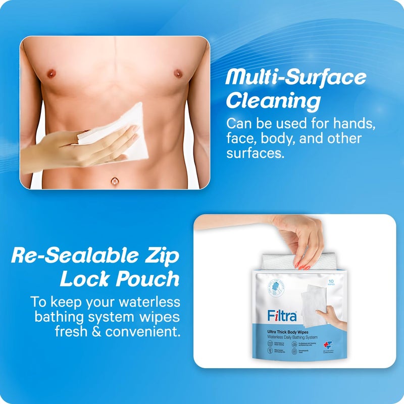 Filtra Ultra Thick Body Wipes | Body Wipes in Pre-Moistened, Re-Sealable Zip Lock Pouch of 10 Wipes (3 Packs = 30 Wipes) - Image 4