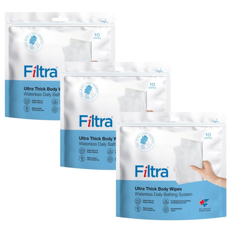 Filtra Ultra Thick Body Wipes | Body Wipes in Pre-Moistened, Re-Sealable Zip Lock Pouch of 10 Wipes (3 Packs = 30 Wipes) - Image 1