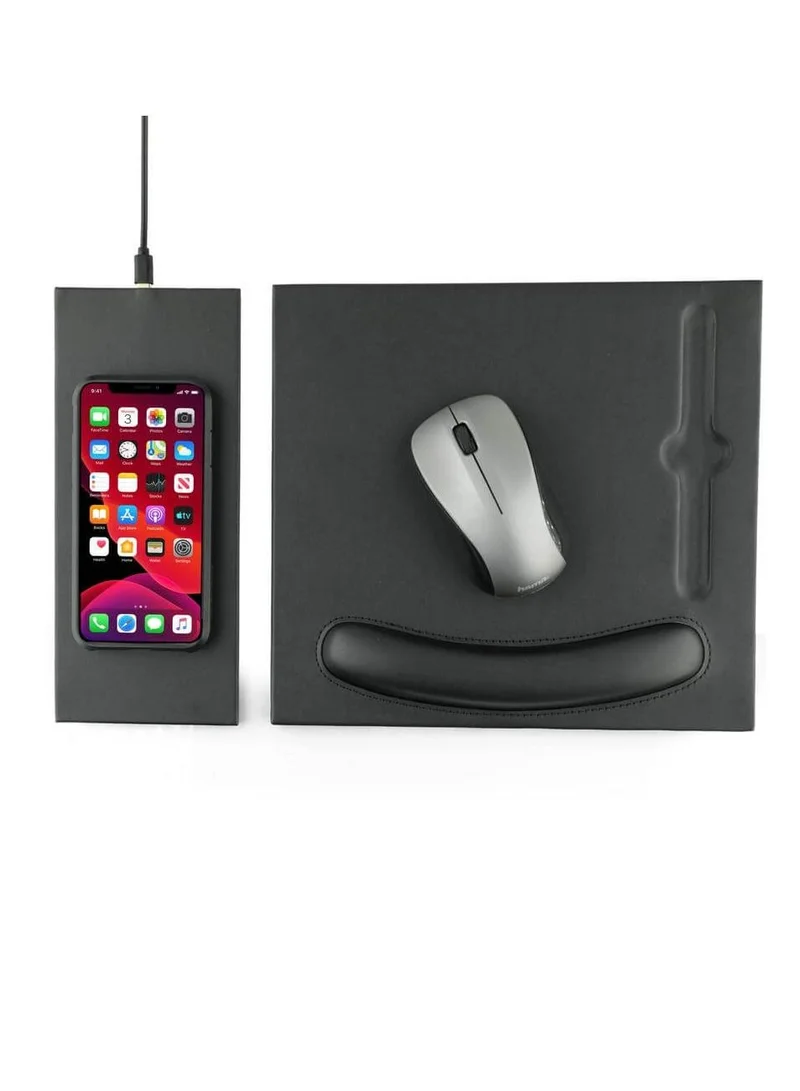 Memorii Mouse pad with wrist support | 2-in-1 mousepad with detachable and attachable 10W wireless charger pad, tech gift for men, boss, office corporate gifts (Black)
