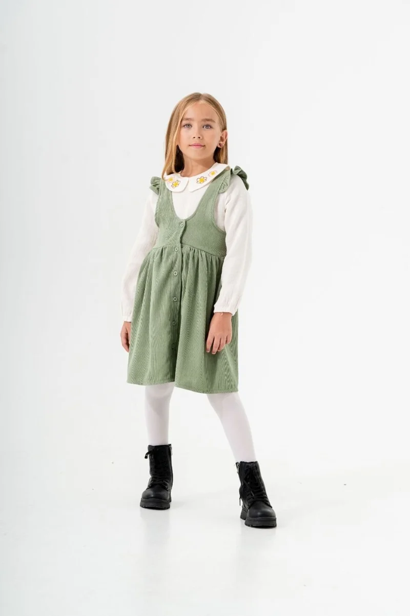 Miniğimin Cicileri My Little One's Ciciler Muslim Shirt and Corduroy Dress Set - Green