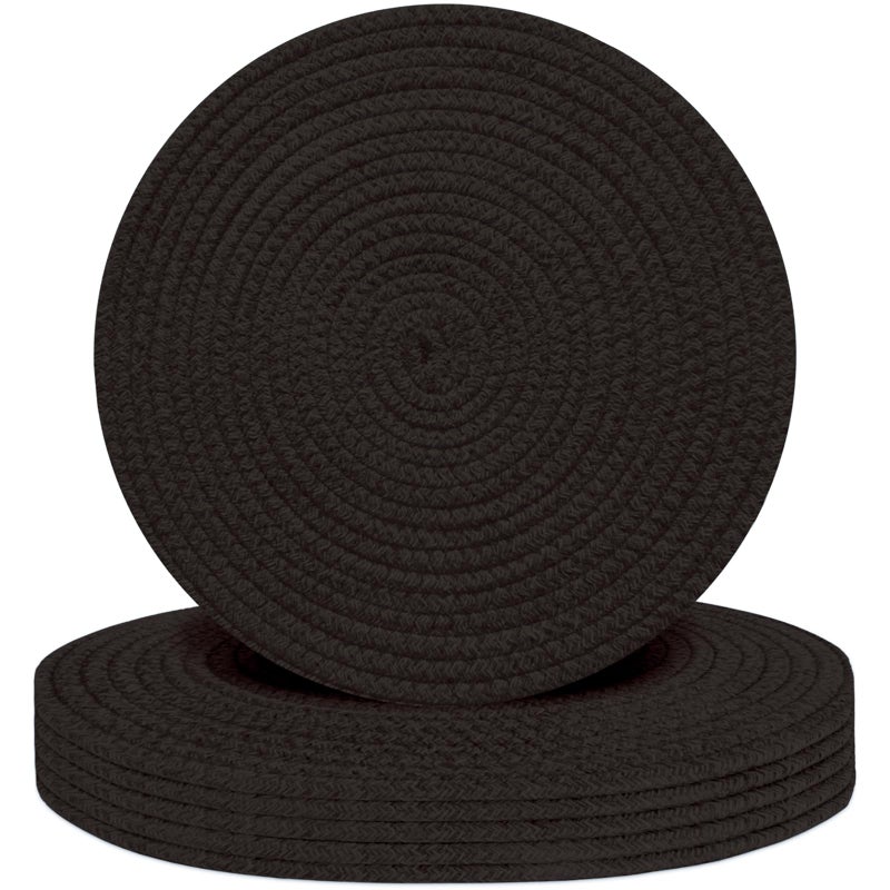 Jukercici Round Placemats Set of 6, Cotton Rope Woven Table Mats, Hot Pads for Kitchen, Non Slip Heat Resistant Place Mats, 13 Inches Braided Placemat for Farmhouse Decor and Kitchen Table Decor (Black) - Image 1