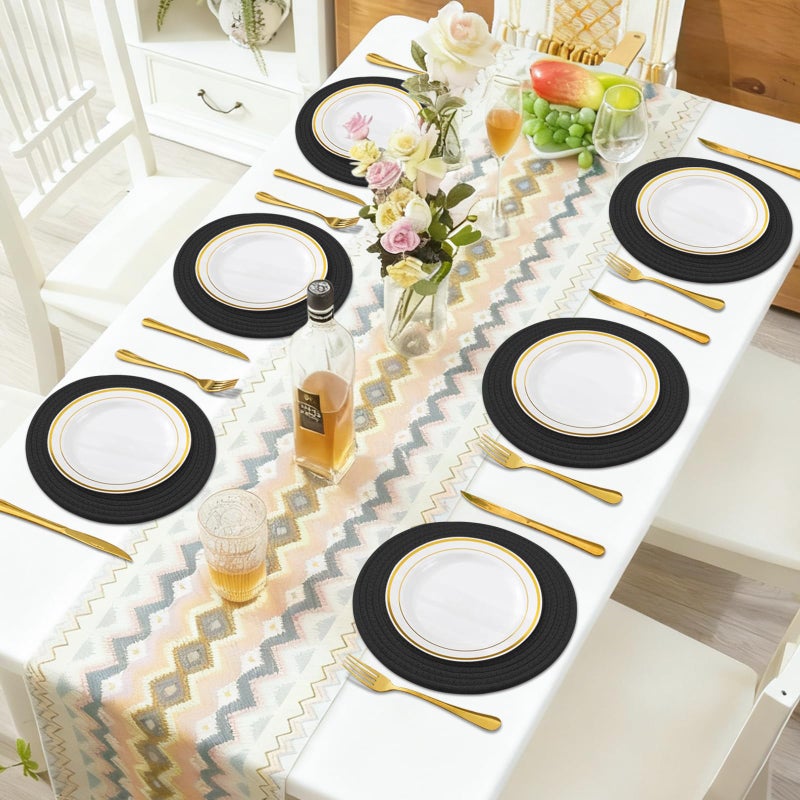 Jukercici Round Placemats Set of 6, Cotton Rope Woven Table Mats, Hot Pads for Kitchen, Non Slip Heat Resistant Place Mats, 13 Inches Braided Placemat for Farmhouse Decor and Kitchen Table Decor (Black) - Image 5