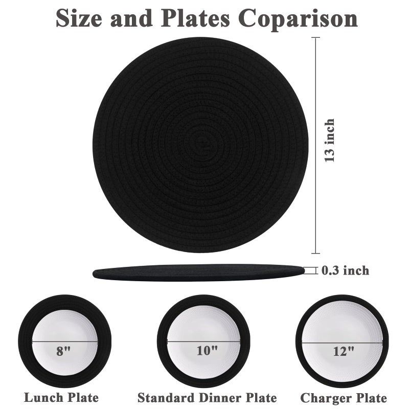 Jukercici Round Placemats Set of 6, Cotton Rope Woven Table Mats, Hot Pads for Kitchen, Non Slip Heat Resistant Place Mats, 13 Inches Braided Placemat for Farmhouse Decor and Kitchen Table Decor (Black) - Image 2