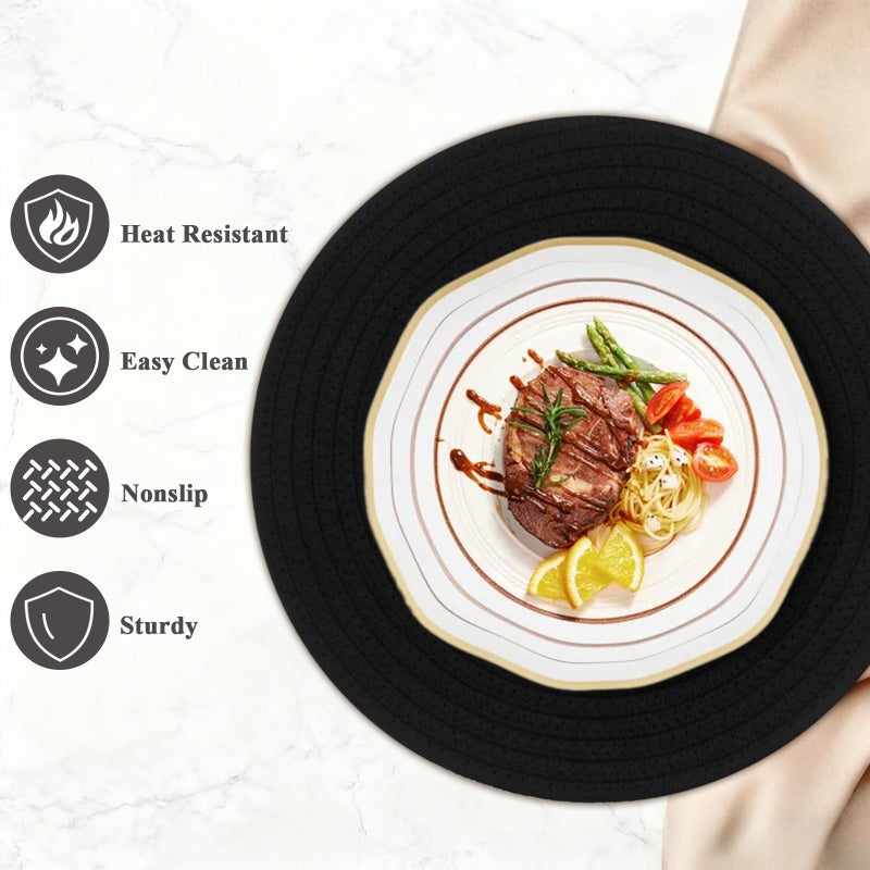 Jukercici Round Placemats Set of 6, Cotton Rope Woven Table Mats, Hot Pads for Kitchen, Non Slip Heat Resistant Place Mats, 13 Inches Braided Placemat for Farmhouse Decor and Kitchen Table Decor (Black) - Image 3