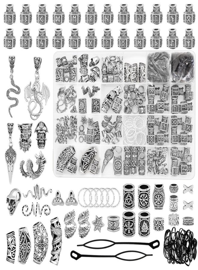 Fscwlmon 242PCS Vikings Hair Clips Jewelry for Women Men Norse Runes Tube Beads Loc Accessories Metal Braids Clip Cuffs for Dreadlock Viking Beard Hair Beads Bracelet Necklace DIY Pirate Decor Silvery - Image 1