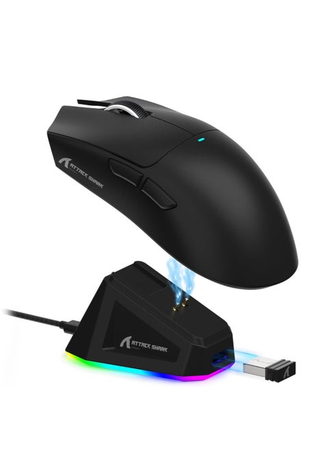 ماوس العاب لاسلكي خفيف الوزن X11 من Attack Shark مع قاعدة شحن RGB، وضع ثلاثي 2.4G/USB-C سلكي/بلوتوث، 22K DPI، مستشعر بصري PAW3311، مفتاح هويو، 5 ازرار قابلة للبرمجة للكمبيوتر/ماك (أسود)