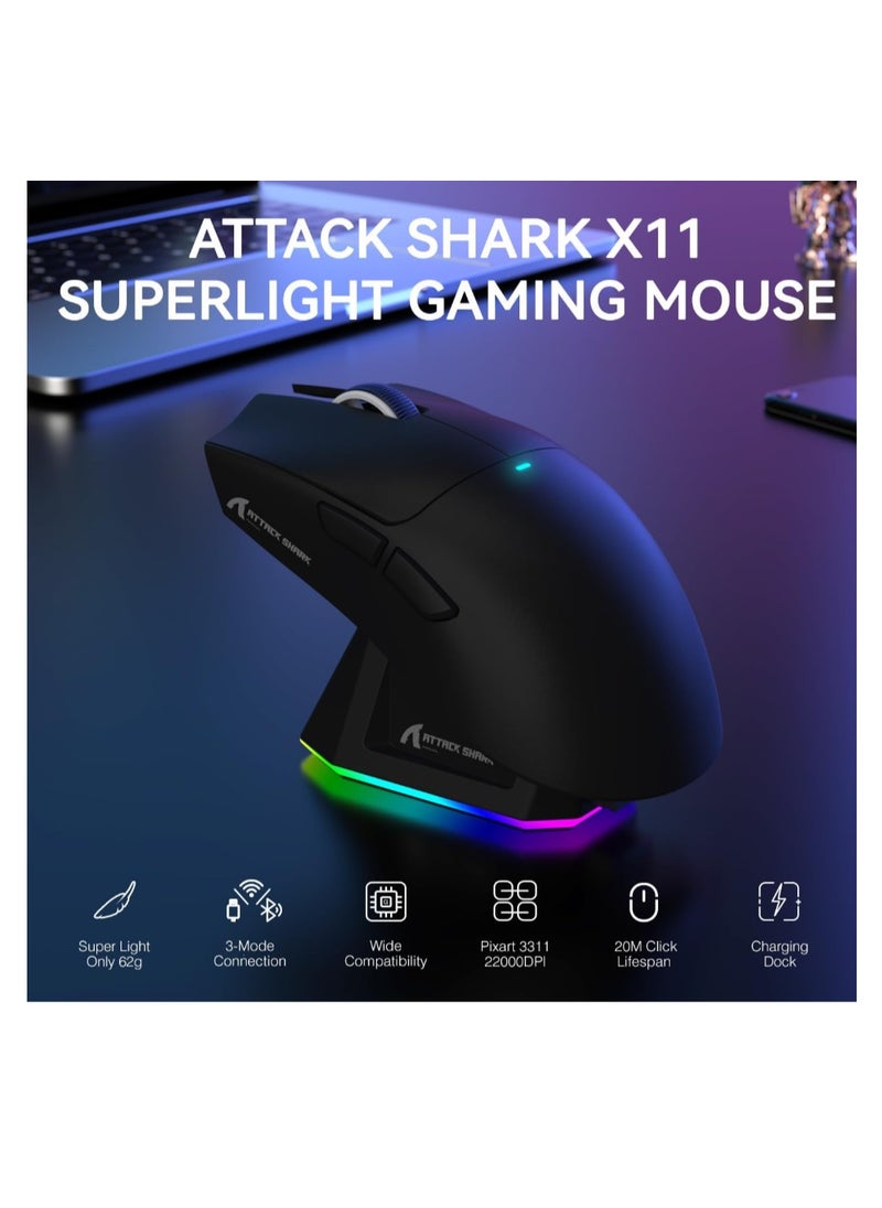 ماوس العاب لاسلكي خفيف الوزن X11 من Attack Shark مع قاعدة شحن RGB، وضع ثلاثي 2.4G/USB-C سلكي/بلوتوث، 22K DPI، مستشعر بصري PAW3311، مفتاح هويو، 5 ازرار قابلة للبرمجة للكمبيوتر/ماك (أسود)