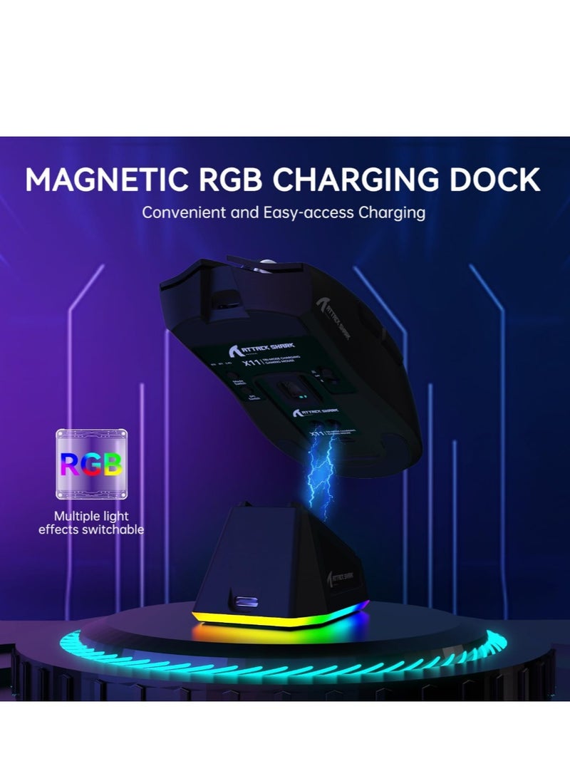 ماوس العاب لاسلكي خفيف الوزن X11 من Attack Shark مع قاعدة شحن RGB، وضع ثلاثي 2.4G/USB-C سلكي/بلوتوث، 22K DPI، مستشعر بصري PAW3311، مفتاح هويو، 5 ازرار قابلة للبرمجة للكمبيوتر/ماك (أسود)