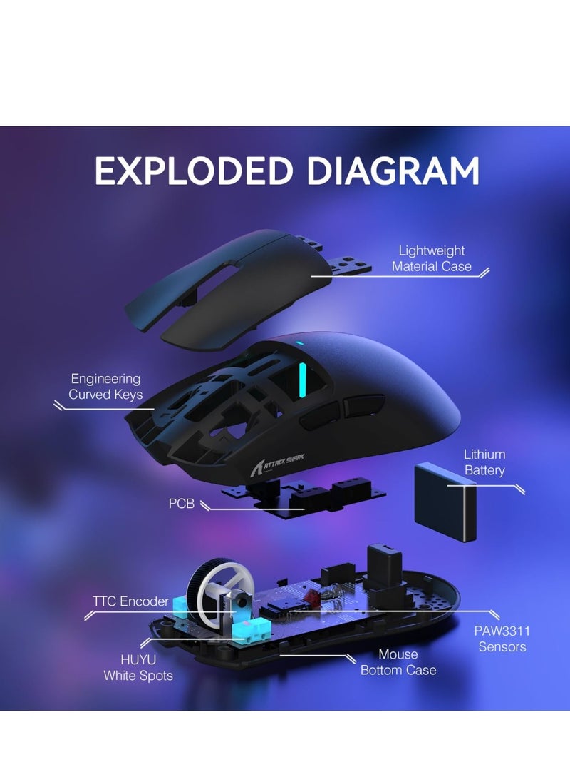 ماوس العاب لاسلكي خفيف الوزن X11 من Attack Shark مع قاعدة شحن RGB، وضع ثلاثي 2.4G/USB-C سلكي/بلوتوث، 22K DPI، مستشعر بصري PAW3311، مفتاح هويو، 5 ازرار قابلة للبرمجة للكمبيوتر/ماك (أسود)