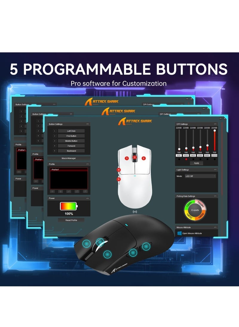 ماوس العاب لاسلكي خفيف الوزن X11 من Attack Shark مع قاعدة شحن RGB، وضع ثلاثي 2.4G/USB-C سلكي/بلوتوث، 22K DPI، مستشعر بصري PAW3311، مفتاح هويو، 5 ازرار قابلة للبرمجة للكمبيوتر/ماك (أسود)