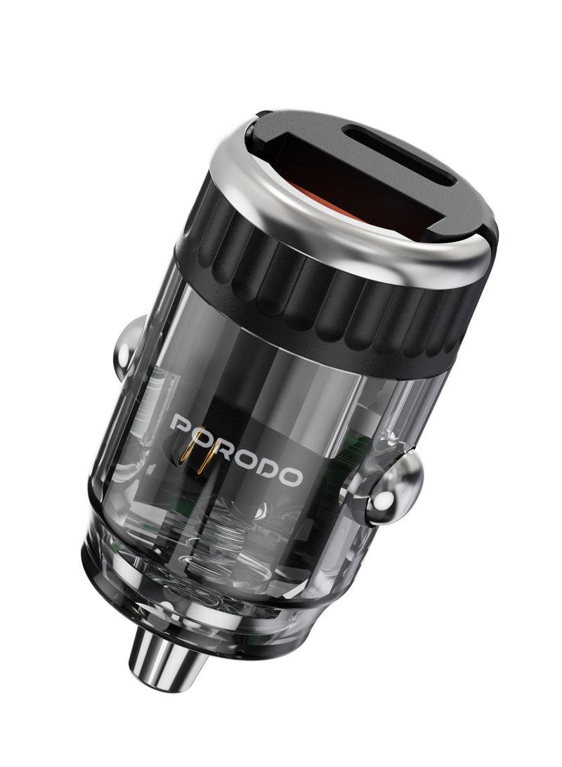 porodo Dual Port Transparent Car Charger with Pull Ring Handle/ PD 36W/ QC 18W/ USB-A & USB-C Ports/Fast Charging/ Sleek & compact Flush-Fit Design/Universal Compatibility - Black - Image 1