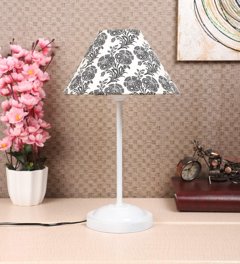 tu casa Decorative Table Lamp for Bedroom & Living Room | White Metal Base with Black & White Filigree Cotton Shade | Modern Bedside Night Lamp for Home Décor, Study, Dining & Festive Gifting - Image 1