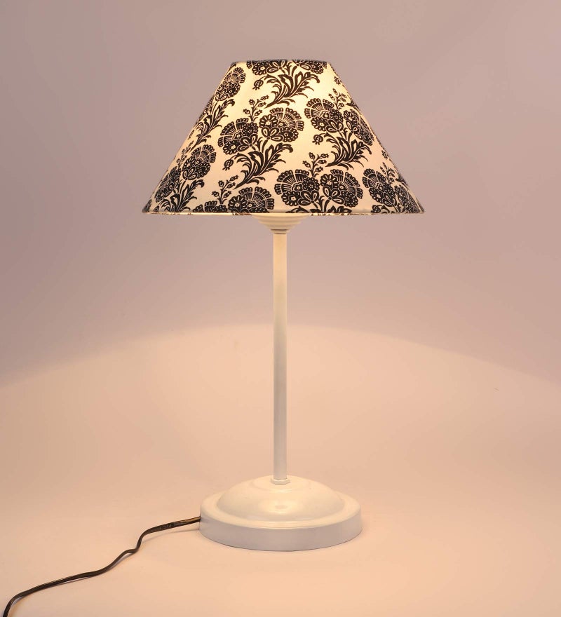 tu casa Decorative Table Lamp for Bedroom & Living Room | White Metal Base with Black & White Filigree Cotton Shade | Modern Bedside Night Lamp for Home Décor, Study, Dining & Festive Gifting - Image 3