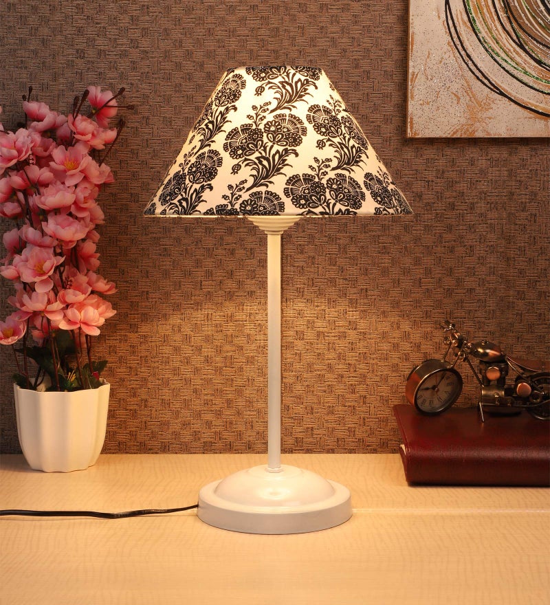 tu casa Decorative Table Lamp for Bedroom & Living Room | White Metal Base with Black & White Filigree Cotton Shade | Modern Bedside Night Lamp for Home Décor, Study, Dining & Festive Gifting - Image 2