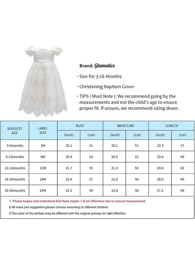 Glamulice Baby Girls Christening Baptism Dress Newborn Floral Embroidered Lace Dresses for Toddler, Off-white, 6-12 Months - Image 2